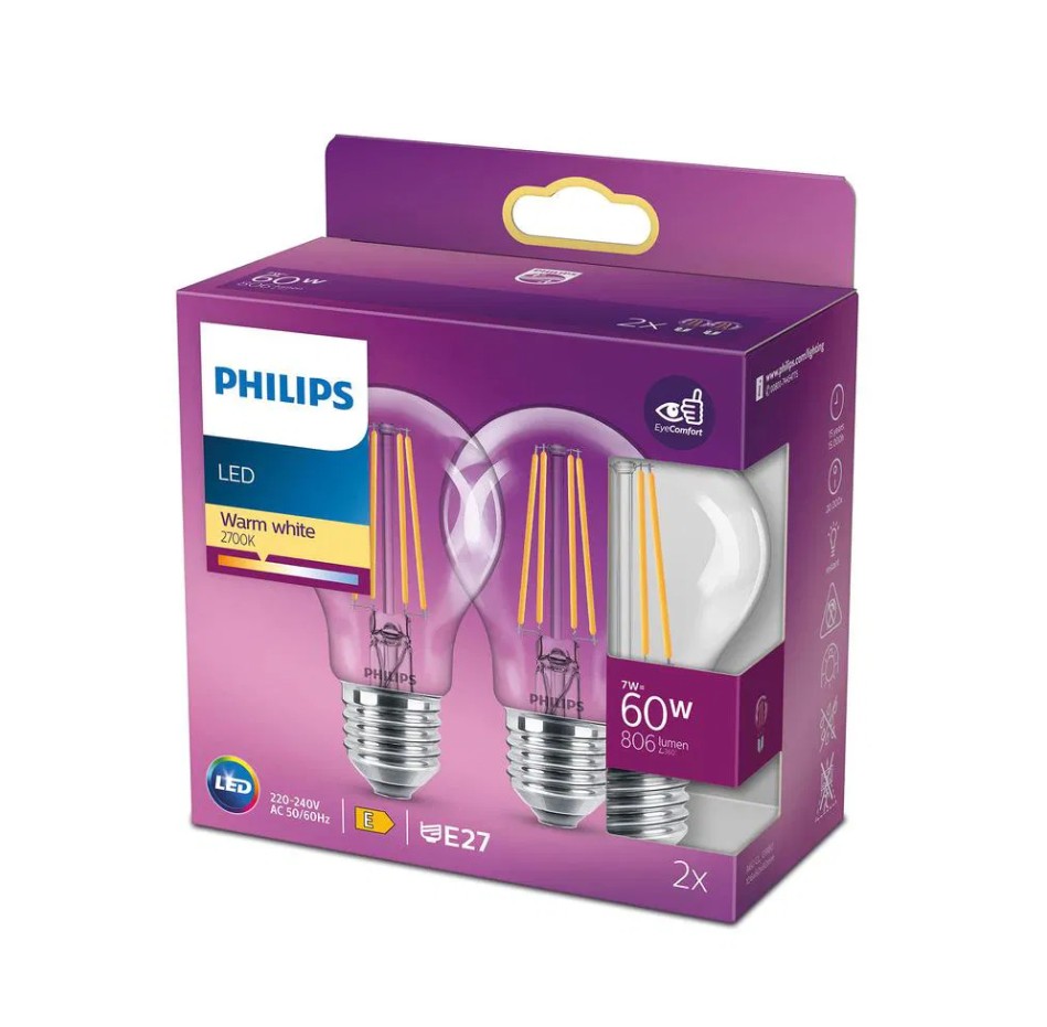 The Philips LED CLA A60 Filament ND is a 60W equivalent LED bulb with an E27 base, producing 806 lumens of warm white light at 2700K. Designed in a classic A60 shape with filament-style LED elements, it offers an energy-efficient replacement for traditiona