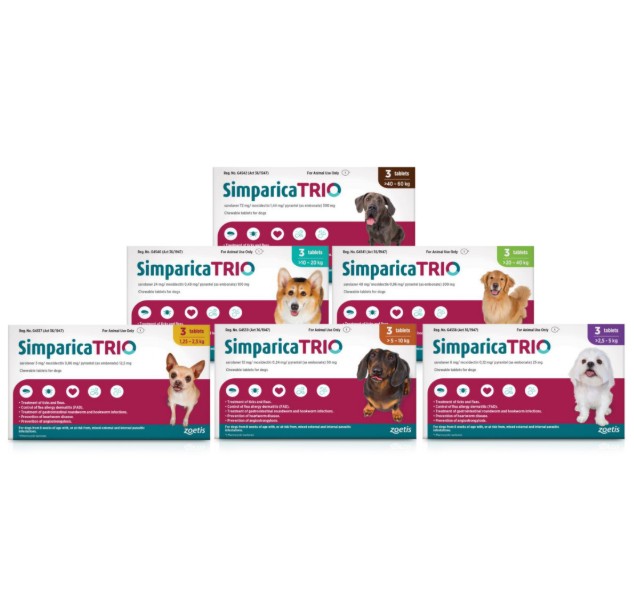 Simparica Trio uniquely combines sarolaner, moxidectin, and pyrantel to provide proven, broad-spectrum protection against the most common external and internal parasites affecting dogs. This fast-acting, monthly chewable tablet kills ticks and fleas, treat