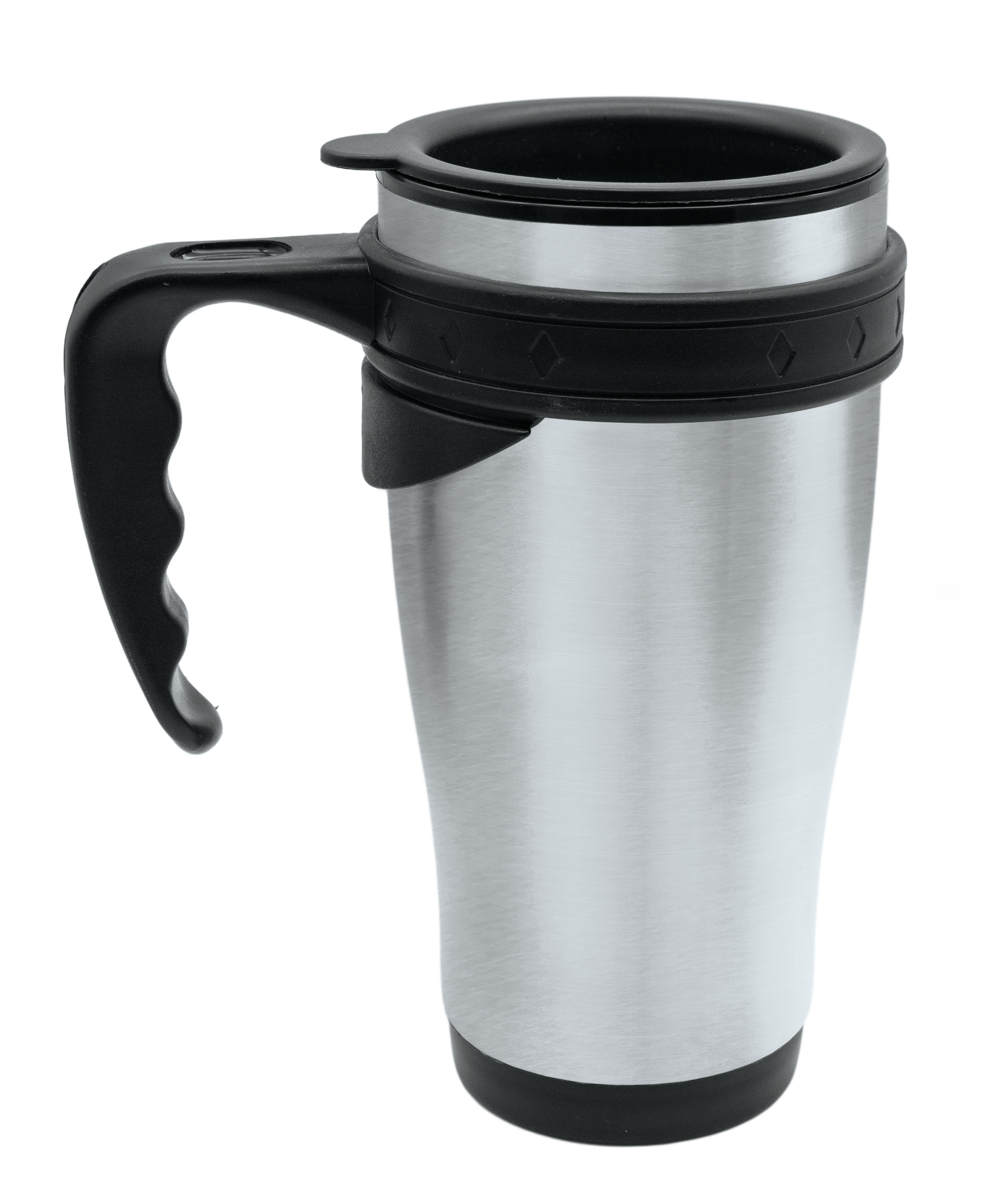 An insulated 450ml travel mug with a stainless steel body and a protective, easy-to-clean plastic inner.