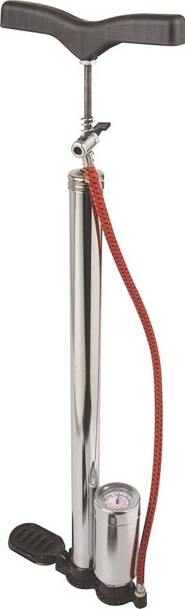 chrome hand pump includes a pressure gauge and a booster function for quick and easy tire inflation.