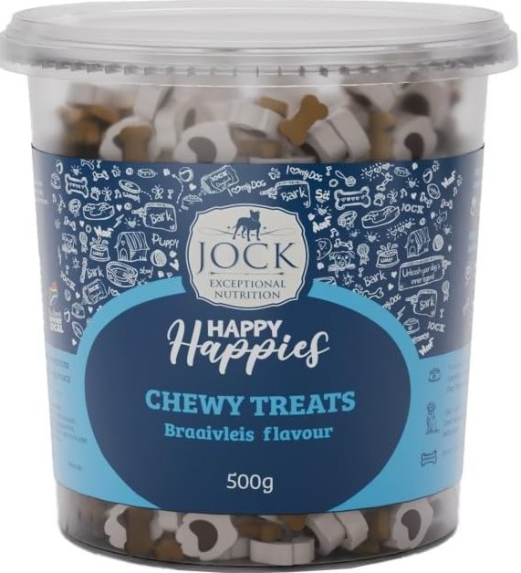 Get ready for some tail-wagging fun with Jock Happy Happies Chewy Dog Treats  Braaivleis Flavour! These soft, chewy treats are a delicious and nutritious reward for dogs of all sizes, perfect for training sessions or as a special surprise to show your f