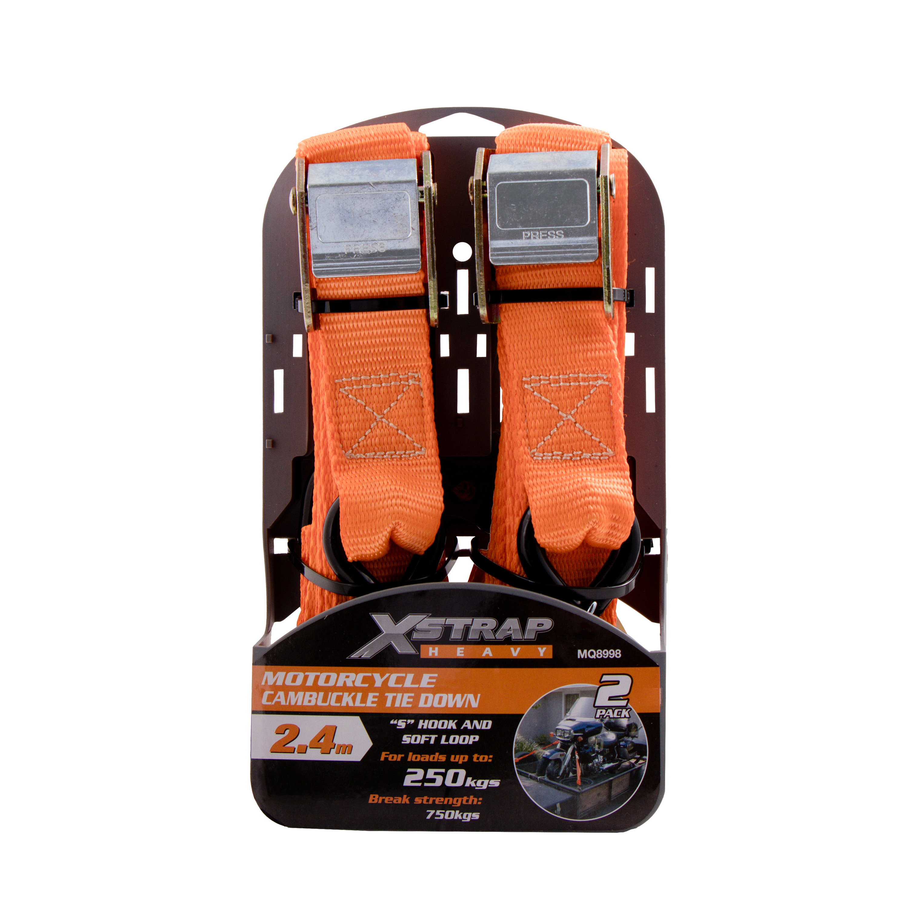 A specialized tie-down strap designed specifically for safely securing motorcycles during transport or storage.