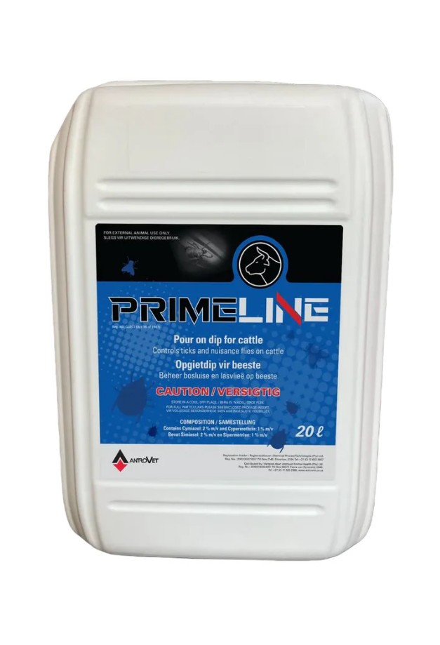 Primeline is an external parasite control product (pour-on dip) designed for use in cattle and is applied along the animals backline to control ticks and nuisance flies. By effectively reducing external parasites, Primeline helps lower irritation and st