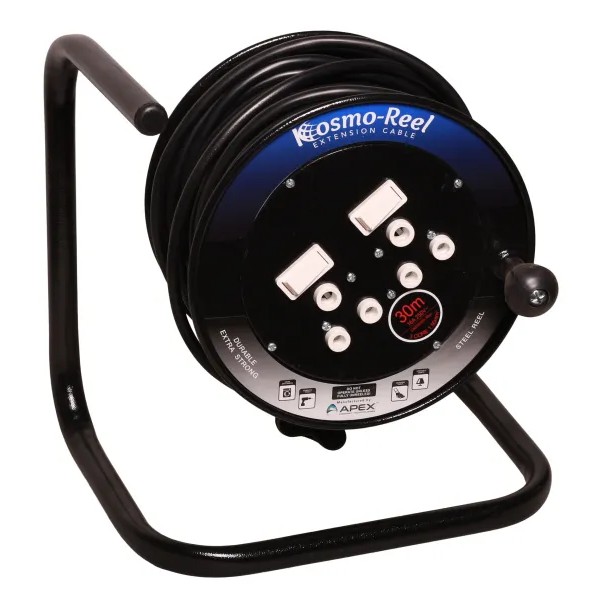 This durable steel reel is built to last and comes fitted with 2 standard 220V 3 pin earthed plugs, ensuring safe and reliable power distribution. Ideal for workshops, construction sites, and home use.