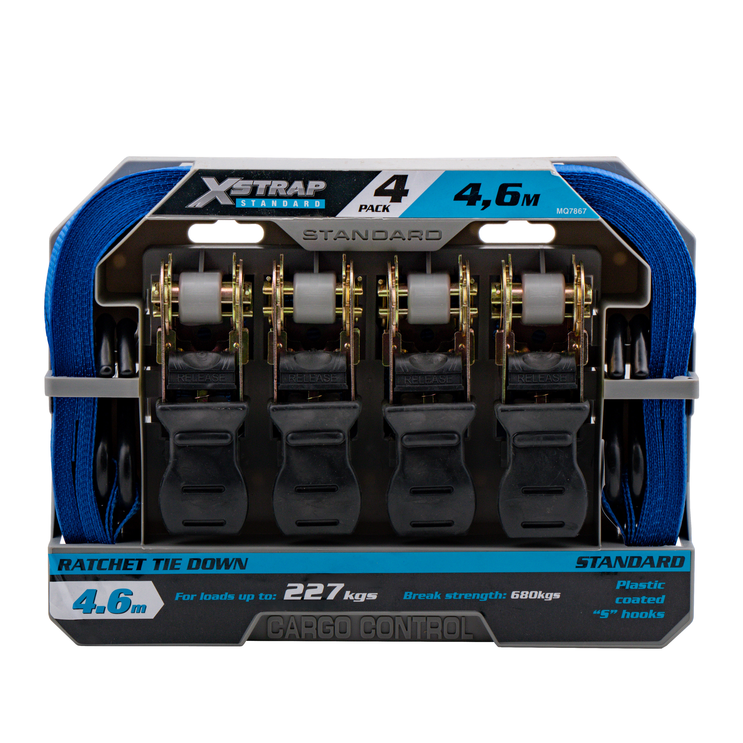 A heavy-duty ratchet tie-down featuring rubber-grip handles and protective plastic-coated "S" hooks.