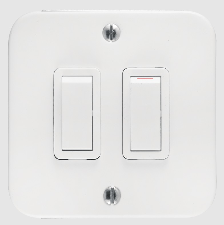 The Switch Classic from Crabtree is a robust industrial switch designed for dependable performance in demanding environments. Featuring a 75 × 75 steel white faceplate, this model includes two levers with one-way switching functionality, offering practica