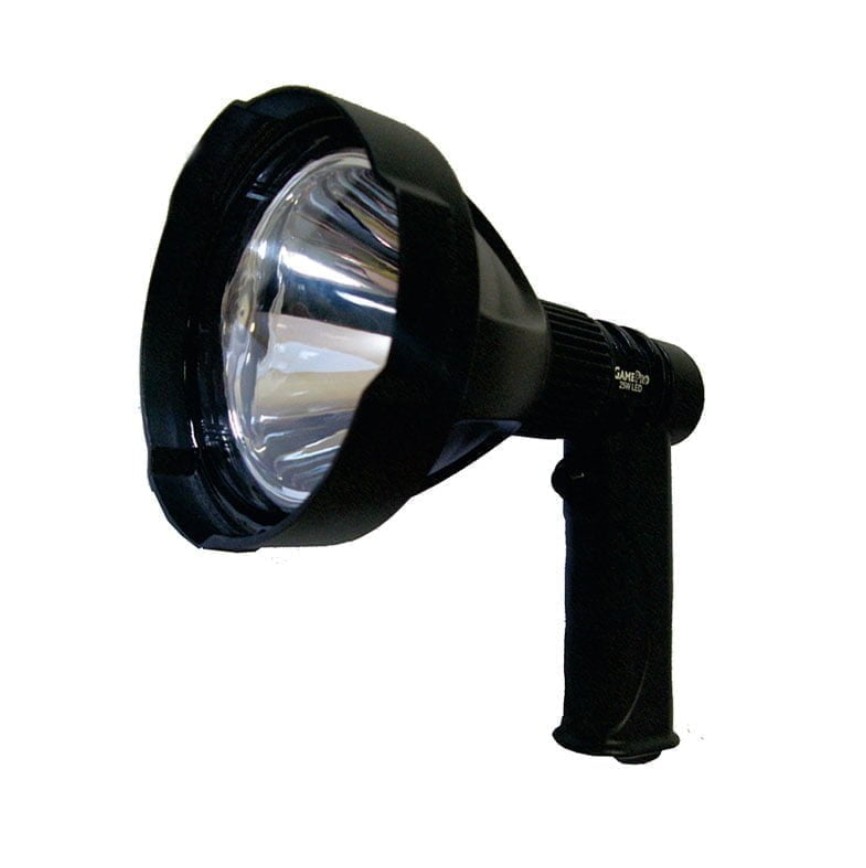 Cree 25W LED (Fitted to light) Up to 2000 Lumens LED Life: Over 50,000 hours Rechargeable - 7.4V 2600 mA Lithium battery Rechargeable - DC 12V charger included Run Time: 2.5 hours Aluminium and abs construction Single mode On/Off switch Beam distance: Up to 750m Overall diameter: 120mm Reflector size: 96mm Weight: 440g Draw-string storage bag included Red filter lens included.