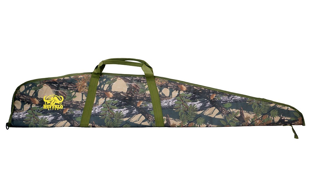 The Buffalo River 48? Camo Economy Gun Bag is designed for hunting enthusiasts, offering a durable ballistic nylon outer shell with foam padding for reliable firearm protection. It features a black PU lining and a zipper that runs from the middle to the
