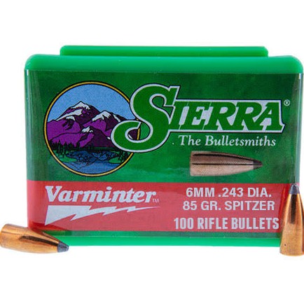 The Sierra 6mm (.243) 85-grain Varminter bullet is a spitzer-point design intended for high-velocity varmint and predator hunting, offering a flat trajectory and excellent accuracy. Built for rapid expansion, it delivers explosive terminal performance on s
