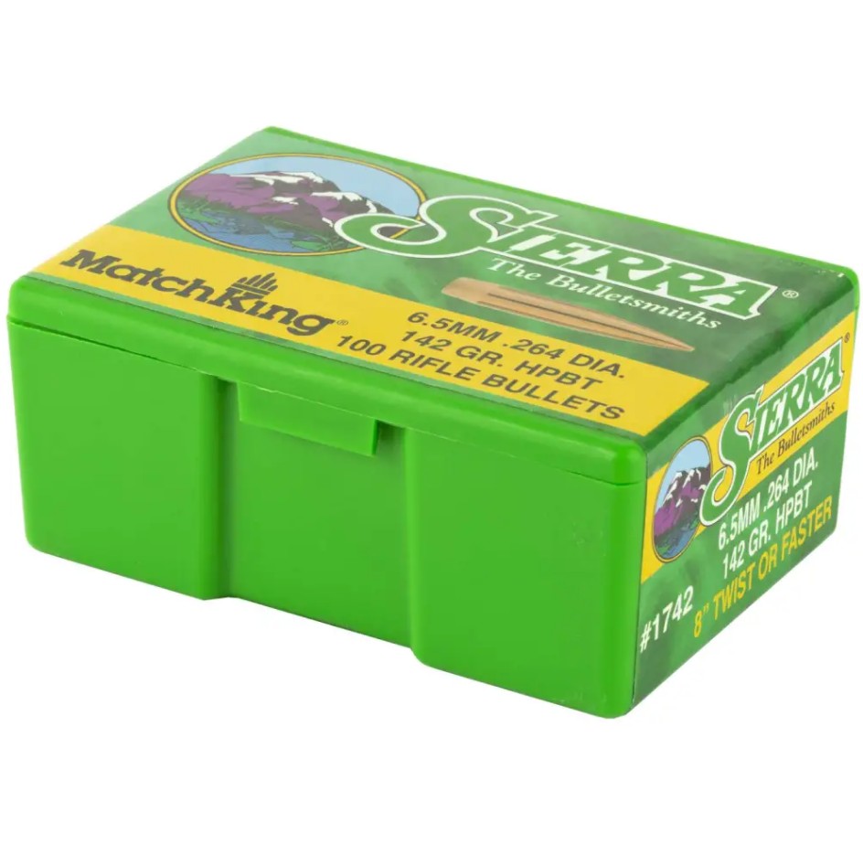 This 142-grain hollow point boat tail bullet is designed for precision target shooting and performs best with a fast twist rate of 1:8" or faster. Commonly used powders include H4350, Varget, and Reloder 16, with typical velocity ranges between 2600 and 27