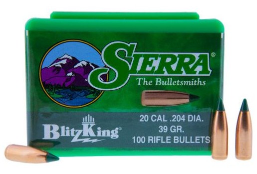 The Sierra BlitzKing .20 caliber (0.204") 39-grain PTBT (#1039) is a polymer-tipped varmint bullet designed for high velocity, accuracy, and rapid expansion. It features a thin, precision jacket and a boat-tail base that improves aerodynamics and long-rang