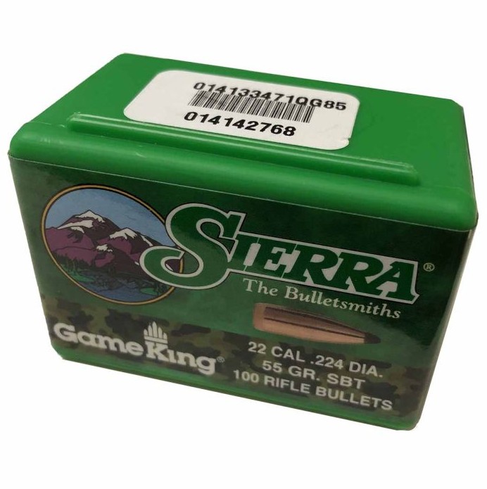 The Sierra GameKing SBT .22 Cal 55gr bullet is designed to provide reliable accuracy and effective performance for hunting applications. Featuring a Spitzer Boat Tail (SBT) design, it offers improved aerodynamics that help maintain velocity, reduce wind dr