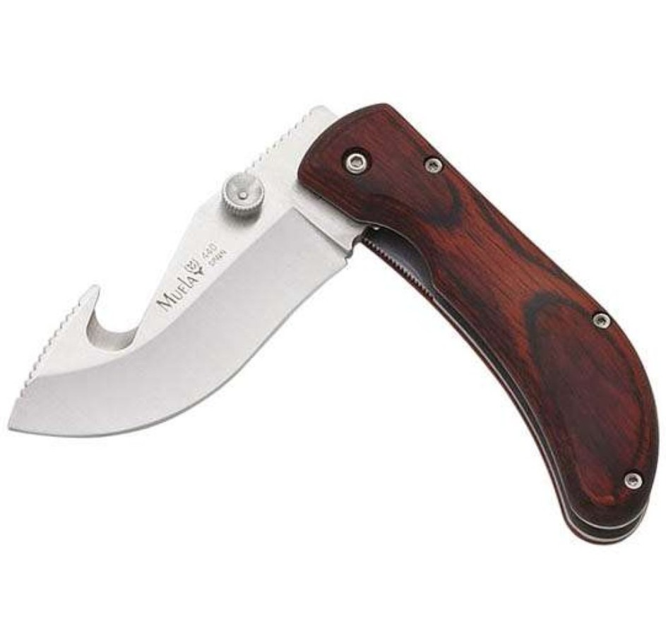 This compact hunting pocket knife is designed for convenience and portability, measuring just 10 cm when closed and weighing only 95 grams. It features a durable blade made from 440 stainless steel, secured with a reliable liner lock for safe use. A hook at the top of the blade adds versatility, allowing it to handle a wider range of tasks. The handle is crafted from finely grained pakka wood, providing a comfortable grip, and includes a thumb knob for easy one-handed opening. The knife is packaged in a box and comes with a leather case finished with nylon for added protection and durability.