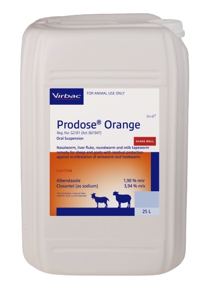 Nasal bot, liver fluke, roundworm and milk tapeworm remedy for sheep and goats with residual protection against re-infestation of wireworm and hookworm. COMPOSITION : Albendazole 1,90% m/v, Closantel (as sodium) 3,94% m/v. COMPOSITION : Albendazole 1,90% m/v, Closantel (as sodium) 3,94% m/v. Dosage: Roundworm, liver fluke and Milk tapeworm : 2ml per 10kg. 5 Weeks residual against wireworm and 2 weeks residual against hookworm. Ovicidal: Roundworm eggs present in the animal at the time of dosing are prevented from hatching.