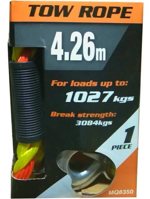 Heavy-duty 4.26M tow rope with steel hooks, designed for loads up to 1027kg for safe vehicle retrieval.