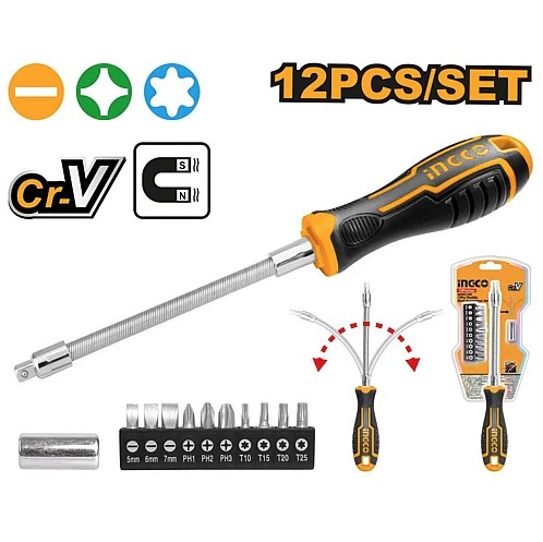 The Ingco 12-piece Flexible Shaft and Screwdriver set (Skillcraft) offers a versatile solution for reaching tight and hard-to-access spaces with ease. This set includes a flexible shaft that enhances maneuverability, along with a variety of screwdriver bit