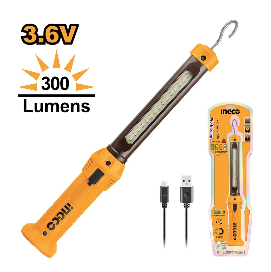 The Ingco 2-setting work lamp with USB charging, 3.5W (Skillcraft) is a compact and versatile lighting solution for workshops, workbenches, or portable use. It features two brightness settings, allowing you to adjust the light output to suit your needs, an