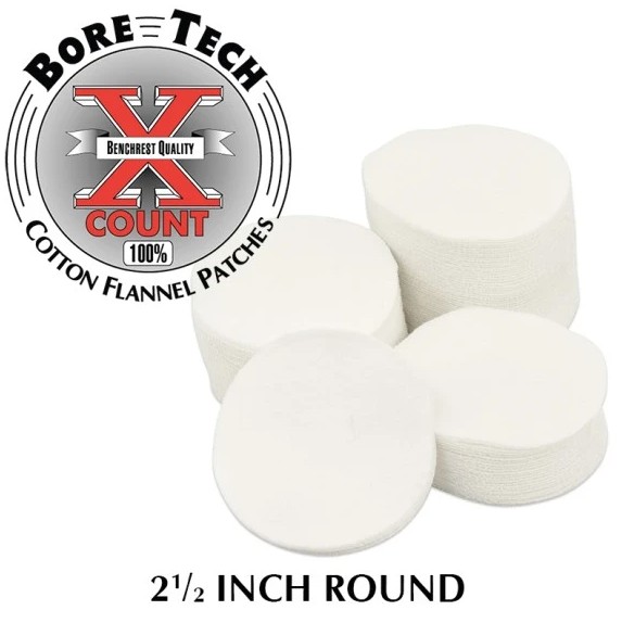 Bore Techs 2½ Round X-Count Patches are high-quality, American-made cleaning patches crafted from 100% cotton flannel. They are double napped and non-fraying, ensuring durability and reliable performance. Trusted by precision shooters worldwide, these patches are well known for their excellent consistency, superior solvent absorption, and effective cleaning ability. X-Count Patches are available in a variety of square and round sizes to accommodate different cleaning methods and preferences, with each size properly matched to recommended calibers and compatible with a wide range of jag types.