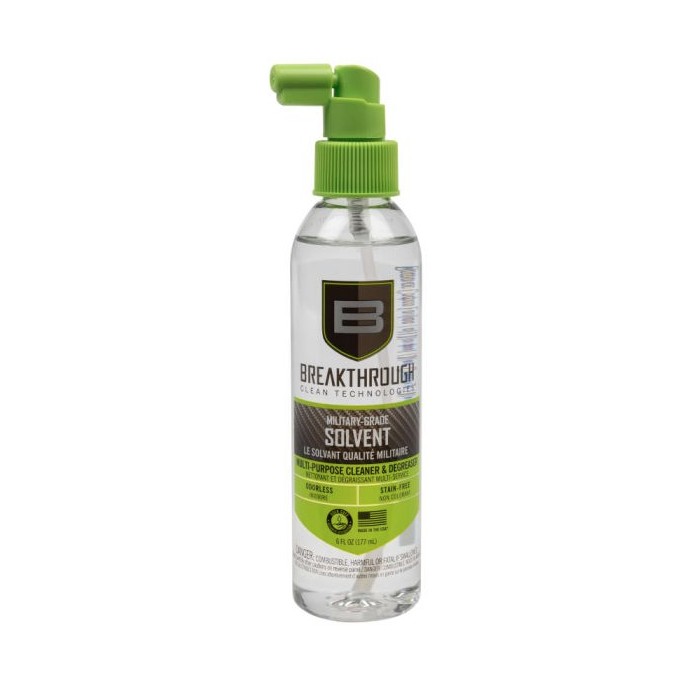 Our Breakthrough Clean Technologies® Military-Grade Solvent is a user-safe multi-purpose cleaner and degreaser that helps remove oil, grease, and carbon build-up, giving you a no residue clean. Unlike other aromatic cleaners, our odorless formula allows you to clean indoors without having to deal with noxious and unpleasant fumes. Breakthrough Clean Technologies® Military-Grade Solvent cleans quickly and efficiently while reducing the frequency needed between cleanings. It will not stain your wood, plastic, or polymer components and is also safe on Cerakote and hydro-printing. Breakthrough Clean Technologies® Military-Grade Solvent is a benzene-free, HAP-free, state-of-the-art solvent designed to help users break out of the tangle of regulations regarding emissions, disposal, and industrial health hazards. Our Breakthrough Clean Technologies® Military-Grade Solvent is an odorless, low toxicity, high-purity hydrocarbon that exhibits a very low degree of irritancy to the eyes and is non-irritating to the skin