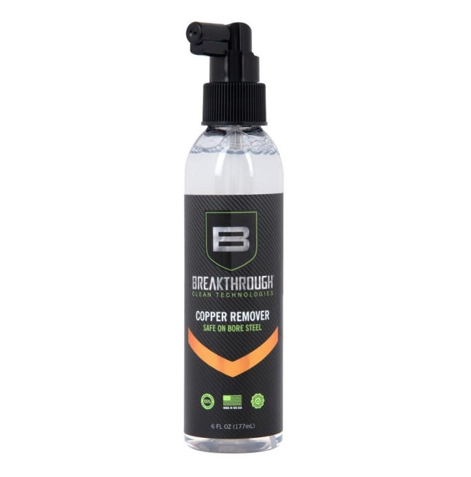 The Breakthrough Clean Technologies® Copper Remover safely and effectively removes copper fouling and is 100% petroleum and ammonia free. Its virtually odorless and biodegradable formula easily removes copper fouling and minimizes future copper build up without giving off any harmful or strong offensive odors found in other copper removers. Usable on all types of bore steel and wont etch or harm the barrel.