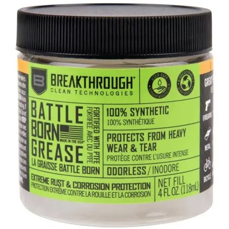 The Breakthrough Clean synthetic gun grease is an odorless, high-performance lubricant formulated with pure synthetic oils, shear stability additives, and sub-micron PTFE to help protect firearms against corrosion caused by friction and moisture. Designed for advanced gun lubrication, it performs reliably across extreme temperatures ranging from -75°F to +510°F, making it a strong addition to any firearm maintenance kit. The grease is user-safe and non-staining, allowing for clean and controlled application without mess, while its non-melting and non-flammable properties make it suitable for a wide range of uses beyond firearms, including knife hinges, fishing reels, bolt-action rifles, shotgun choke tubes, and various mechanical components. As part of the Breakthrough Clean range, it is engineered to provide effective protection and maintenance solutions that help extend equipment life and performance.