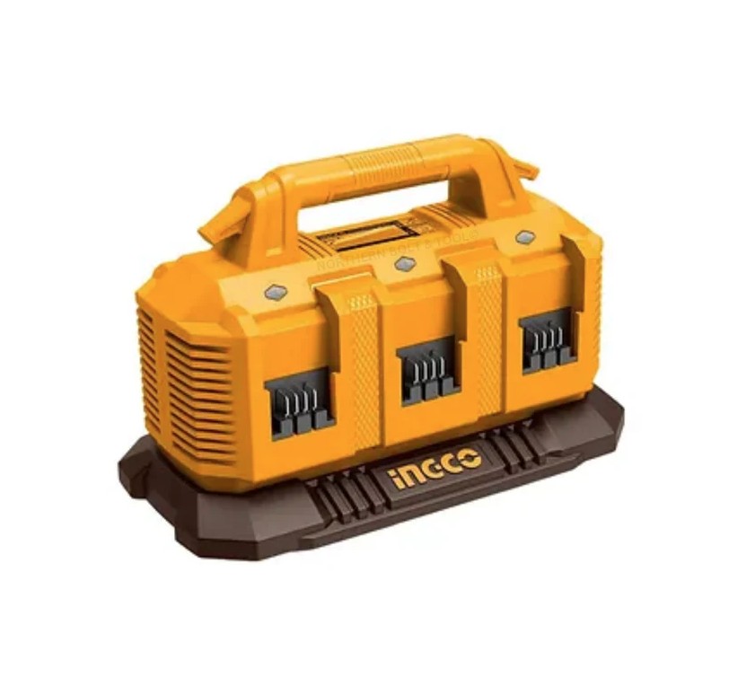 The Ingco FCLI2064 charger is designed to efficiently charge multiple 20V battery packs. Operating on an input voltage of 220240V at 50/60Hz, it delivers a 20V output with a current of 4A. The charger can accommodate up to six 20V battery packs at once,