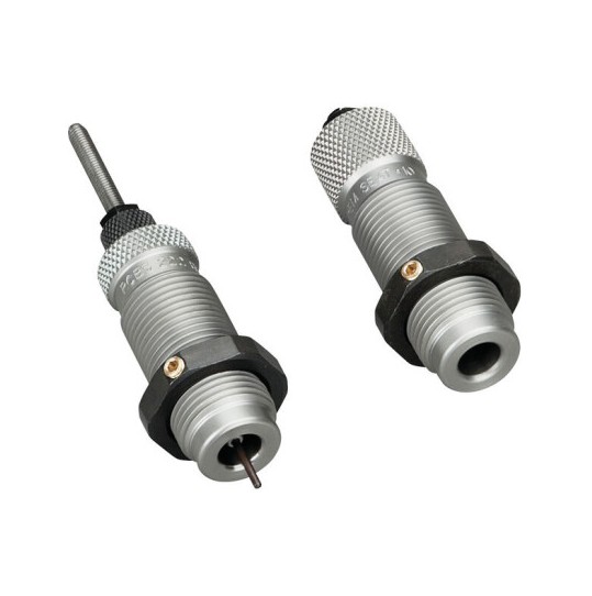 These two die-sets are intended for reloading bottleneck cases, and consist of a Full-Length Sizer Die with an Expander-Decapping Unit, and a Seater Die with Bullet Seater Plug. The Full-Length Sizer Die brings the case to SAAMI minimum cartridge dimension