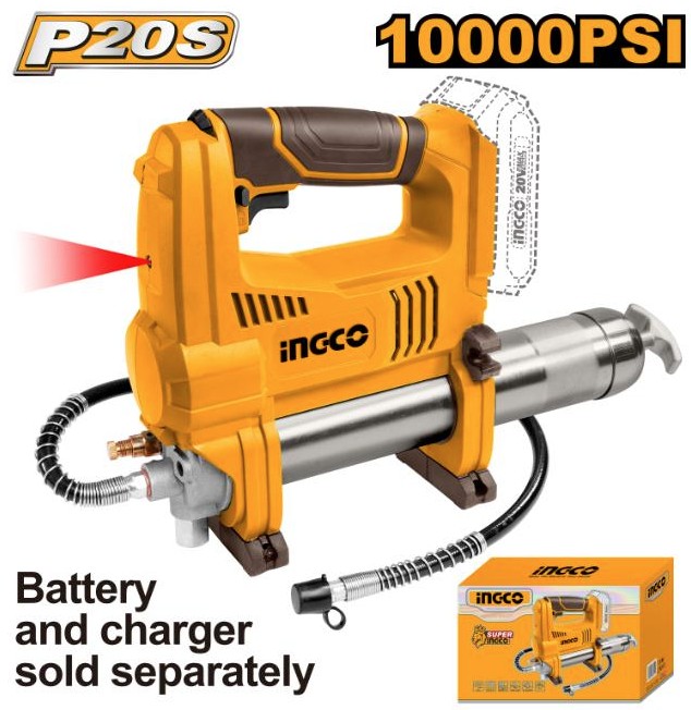 This tool operates on a 20V system and delivers a powerful pressure of up to 10,000 psi (690 bar), ensuring efficient performance for demanding lubrication tasks. It offers a flow rate of 282 g/min and is equipped with a 30-inch (76 cm) hose for extended r
