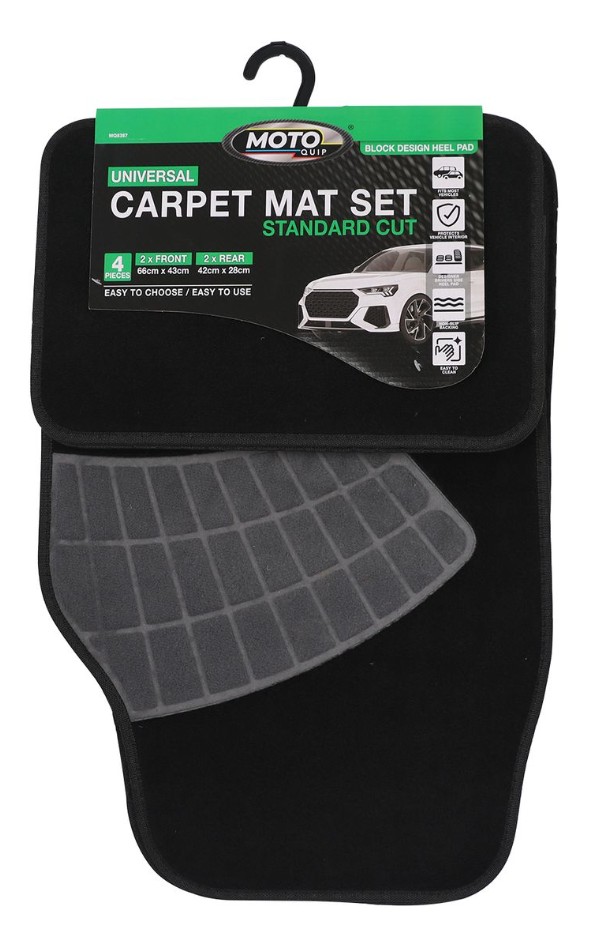 This 4-piece universal velour carpet set includes a heelpad and features a distinct, modern block pattern design.