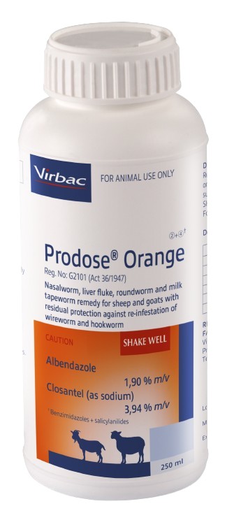 Nasal bot, liver fluke, roundworm and milk tapeworm remedy for sheep and goats with residual protection against reinfestation of wireworm and hookworm. COMPOSITION : Albendazole 1,90% m/v, Closantel (as sodium) 3,94% m/v. COMPOSITION : Albendazole 1,90% m/v, Closantel (as sodium) 3,94% m/v. Dosage: Roundworm, liverfluke and milk tapeworm : 2ml per 10kg. 5 Weeks residual against wireworm and 2 weeks residual against hookworm. Ovicidal: Roundworm eggs present in the animal at the time of dosing are prevented from hatching.