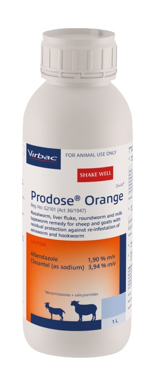 Nasal bot, liver fluke, roundworm and milk tapeworm remedy for sheep and goats with residual protection against re-infestation of wireworm and hookworm. COMPOSITION : Albendazole 1,90% m/v, Closantel (as sodium) 3,94% m/v. COMPOSITION : Albendazole 1,90% m/v, Closantel (as sodium) 3,94% m/v. Dosage: Roundworm, liver fluke and Milk tapeworm : 2ml per 10kg. 5 Weeks residual against wireworm and 2 weeks residual against hookworm. Ovicidal: Roundworm eggs present in the animal at the time of dosing are prevented from hatching.