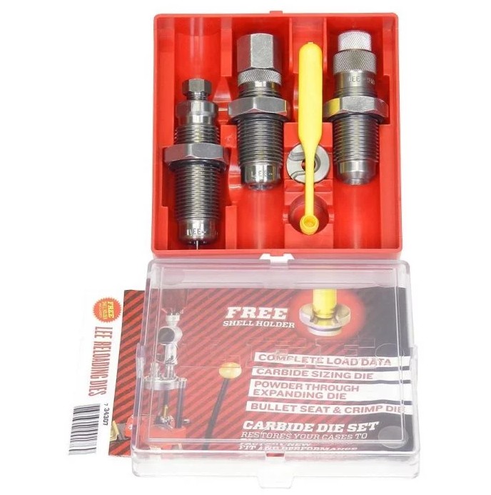 The Lee .38 Special Pistol 3-Die Set includes Carbide Full Length Sizing Die, Bullet Seating Die, Powder Thru Expanding Die, Universal Shell Holder, Powder Dipper and Instructions/Load Data. This is a great set of reloading dies for any reloader looking fo