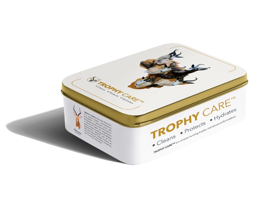 The TROPHY CARE Value Pack is a premium all-in-one kit that brings together the best of Skincare and Horncare products in an elegantly packaged collectors tin. Designed to preserve and maintain the beauty of your hunting trophies, this kit is an ideal gift for hunters and wildlife enthusiasts alike. Inside, it includes a 125?ml Skincare Solution that cleans, rehydrates, and restores a lifelike shine to trophy hair, a 200?ml Horncare Solution that hydrates and protects horns, hooves, lips, and noses while preventing cracks and enhancing natural color, an instruction leaflet with easy-to-follow application guidance, application brushes for precise care, and a soft terry cloth for gentle cleaning and application.