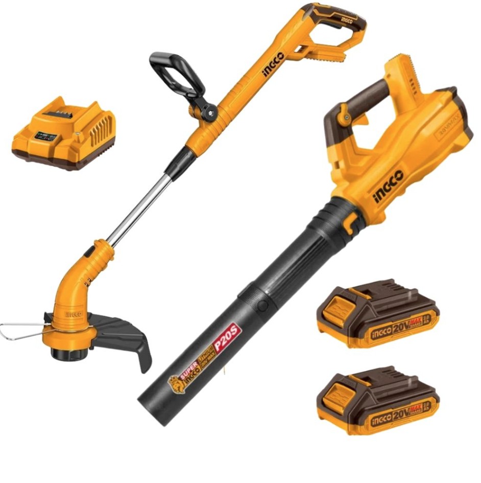 The Ingco 2?Piece Combo Kit, featuring a cordless blower and trimmer, is designed to make outdoor maintenance quick and efficient. Powered by Ingcos 20V PS+ lithium-ion battery system (sold separately), both tools provide cordless convenience, portability, and reliable performance for garden and landscaping tasks. The kit typically includes the blower, trimmer, compatible batteries, charger, and essential accessories, all organized for easy storage and transport. This combination delivers versatility and power, making it ideal for homeowners and professionals seeking an efficient, all-in-one solution for trimming, edging, and clearing leaves.