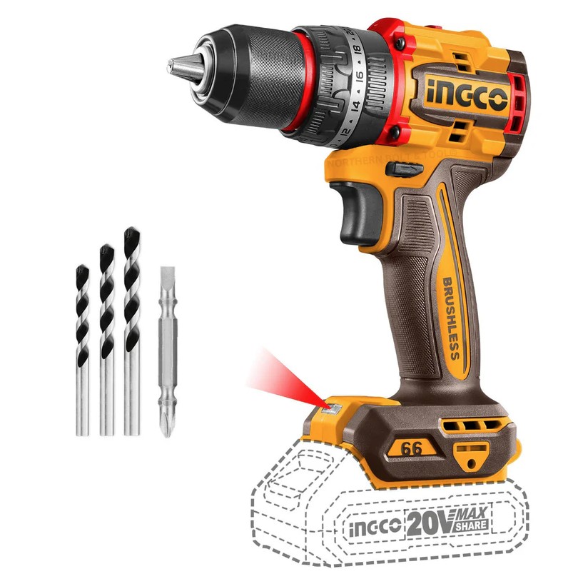 The Ingco Cordless Impact Drill is a compact, high-performance 20V tool featuring a brushless motor for longer runtime and durability. It delivers a maximum torque of 66?Nm, a no-load speed range of 0500/02000?rpm, and a maximum impact rate of 30