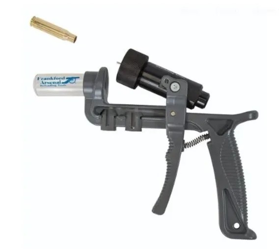The Frankford Arsenal Platinum Series Hand Deprimer is constructed from durable die-cast aluminum and features a patented Universal Collet System designed for versatility and ease of use. It allows you to deprime spent brass quickly by hand in just a few s