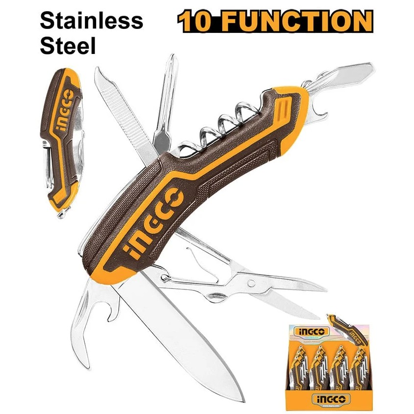 This compact multi-function knife measures 9.5 cm and features a comfortable two-tone soft handle for an easy grip. It is designed with 10 practical tools, including a large knife blade, can opener, Phillips screwdriver, bottle opener, scissors, slotted screwdriver, corkscrew, nail cleaner, nail file, and a convenient key ring, making it a versatile everyday accessory for a wide range of tasks.