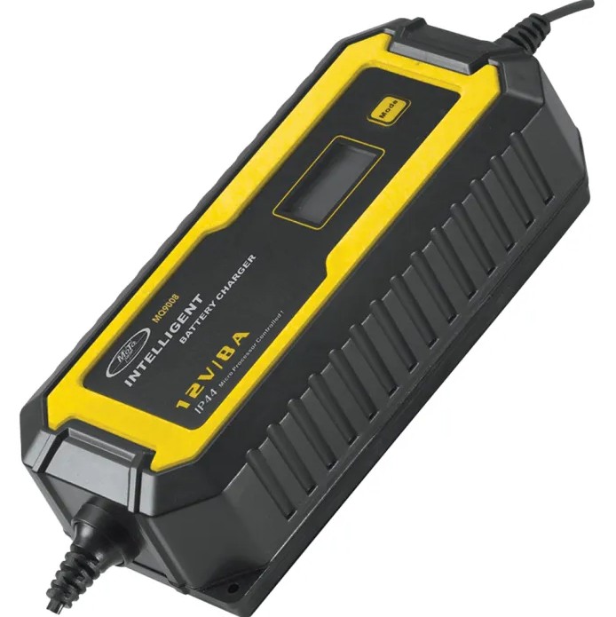 An 8-amp intelligent charger that provides safe, automated power delivery, suitable for various battery types.