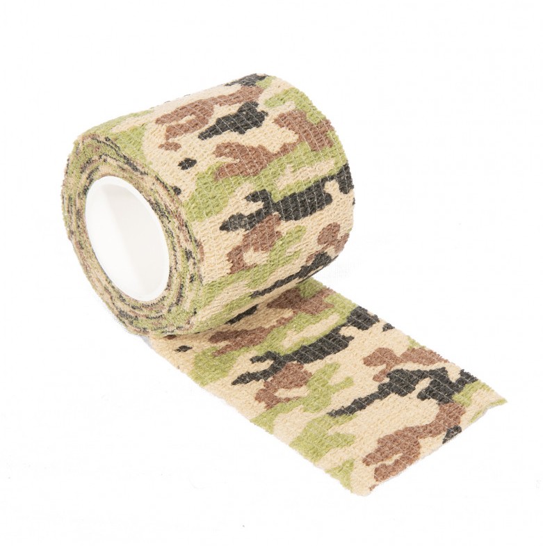 The product is available in various camouflage patterns and is made from durable cloth material. The large version measures 10 meters and is constructed from ripstop fabric, while the small version measures 2.2 meters before stretching and expands to 4.4 meters when stretched. It is designed to protect and conceal hunting equipment, offering an easy application and removal process. The material is stretchable, leaves no residue, and is reusable, while also improving grip for better handling..