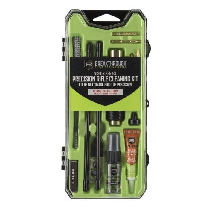 The Breakthrough Vision Series Rifle Cleaning Kit for .243 caliber and 6mm offers a compact and complete solution for maintaining your firearm in optimal condition. Housed in a durable, portable case designed like a mini toolbox, it is neatly organized for convenience and easy transport. The kit includes all essential tools needed for thorough cleaning, such as a rotating aluminum handle, four coated rods, a nylon bore brush, cotton bore mop, double-ended brush, brass patch holder, brass jag, patches, and a box of wool felts. It also features a detachable aluminum handle with a knurled grip for improved control during use. Carefully assembled to support a full cleaning routine, this kit ensures efficient and precise firearm maintenance in a compact, travel-friendly design.