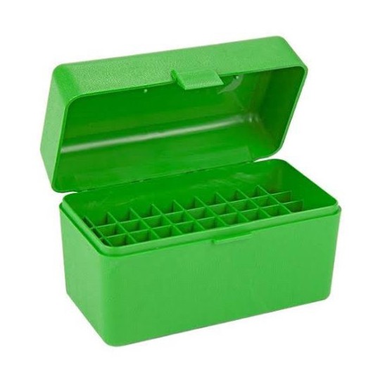 The MTM RM-50-10 is a durable, green, 50-round flip-top rifle ammo box, made in the USA from scuff-resistant polypropylene, designed for cartridges from .22-250 up to .308 Win (max length 3.04"), featuring a secure snap-lock latch, stackable feet, and a r