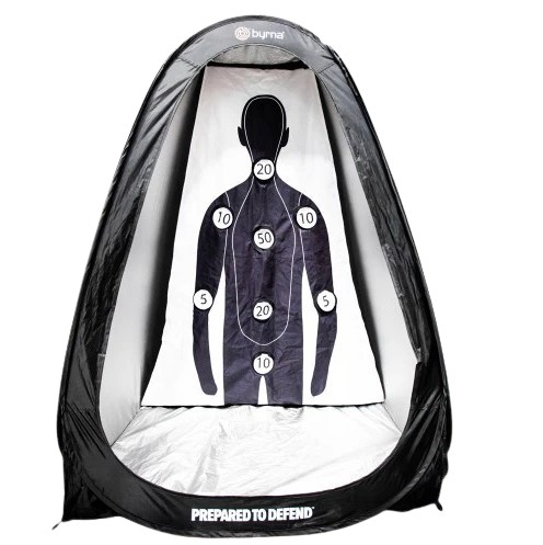 The Byrna Target Tent is a portable and foldable training setup designed to create a safe and convenient shooting practice environment. Built with a lightweight yet durable frame and reinforced fabric, it is easy to set up, collapse, and transport, making