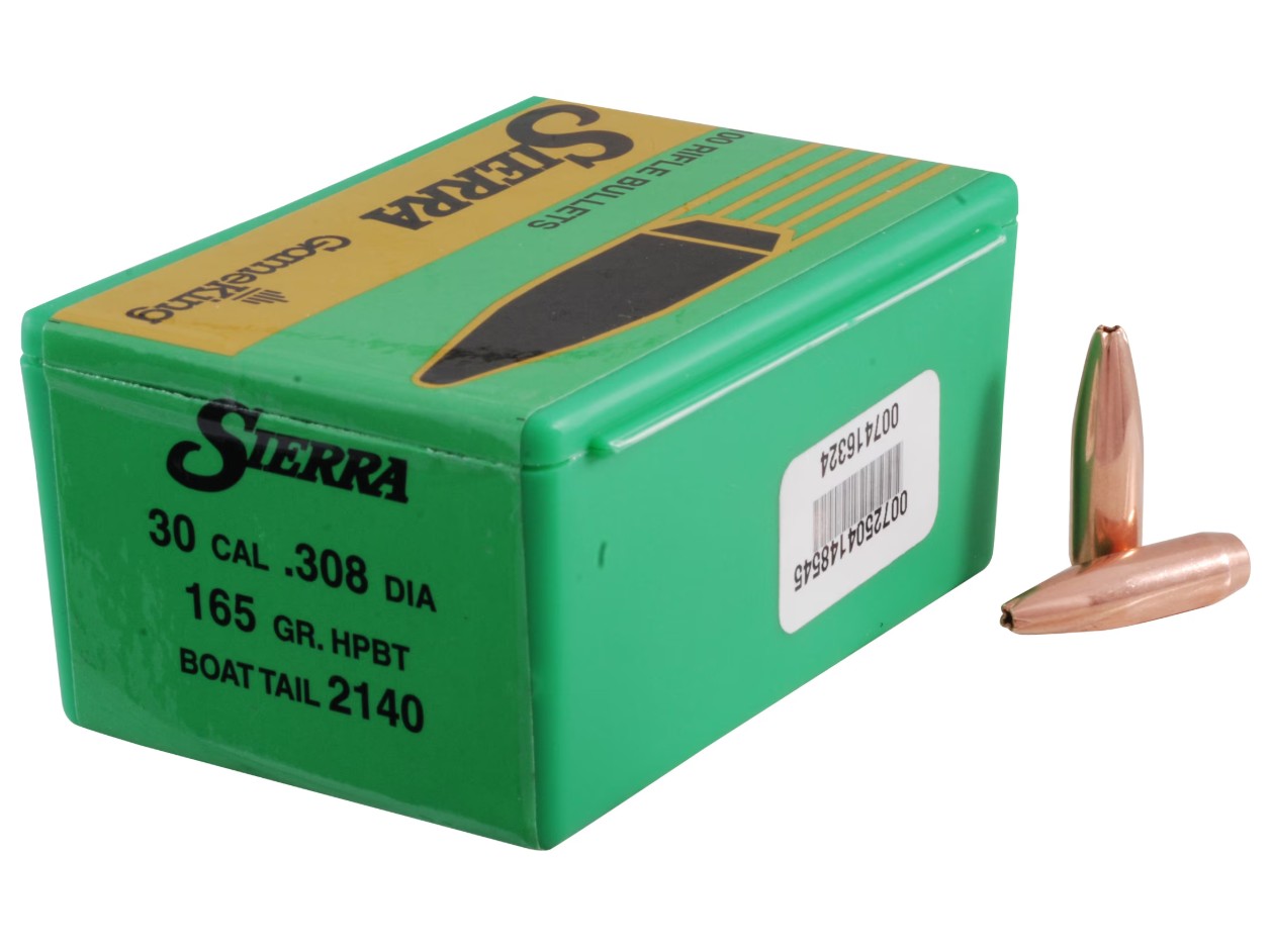 The Sierra GameKing HPBT .30 Cal 165gr bullet is designed to deliver excellent accuracy and reliable hunting performance. It features a Hollow Point Boat Tail (HPBT) design that enhances aerodynamics, allowing for improved ballistic efficiency, flatter tra