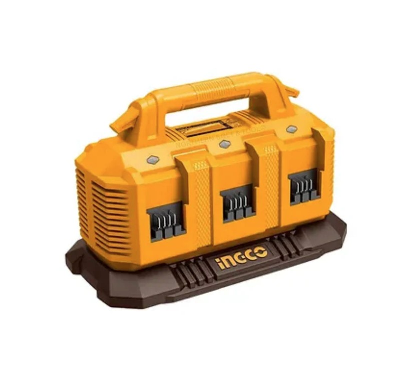 The Ingco FCLI2064 charger is designed to efficiently charge multiple 20V battery packs. Operating on an input voltage of 220240V at 50/60Hz, it delivers a 20V output with a current of 4A. The charger can accommodate up to six 20V battery packs at once,