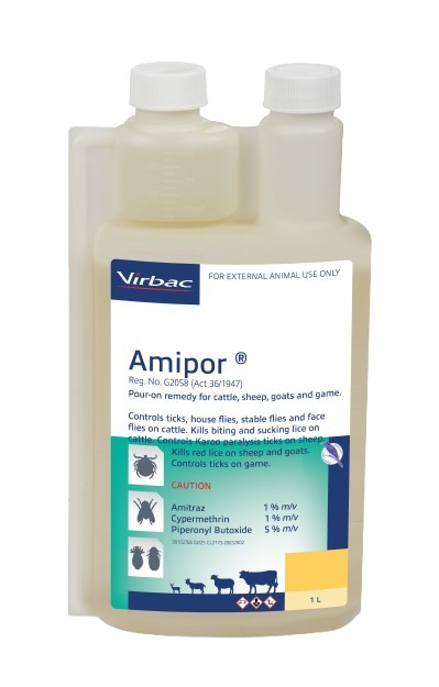 Controls ticks, house flies, stable flies and face flies on cattle. Kills biting and sucking lice on cattle. Controls Karoo Paralysis ticks on sheep. Kills Red lice on sheep and goats. Controls ticks on game. COMPOSITION : Amitraz 1% m/v, cypermethrin 1% m/v, piperonyl butoxide 5% m/v. COMPOSITION : Amitraz 1% m/v, cypermethrin 1% m/v, piperonyl butoxide 5% m/v. CATTLE AND GAME : Use 10ml per 100kg body mass. SHEEP AND GOATS : Controls Karoo Paralysis ticks on sheep Use 2ml per 10kg body mass. Kills red lice in sheep and goats Use 4ml per 10kg body mass.